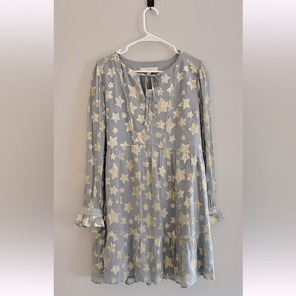 Loft / Petite Shimmer Gold Star Tiered Mini Dress | Size Large L - Picture 3 of 9